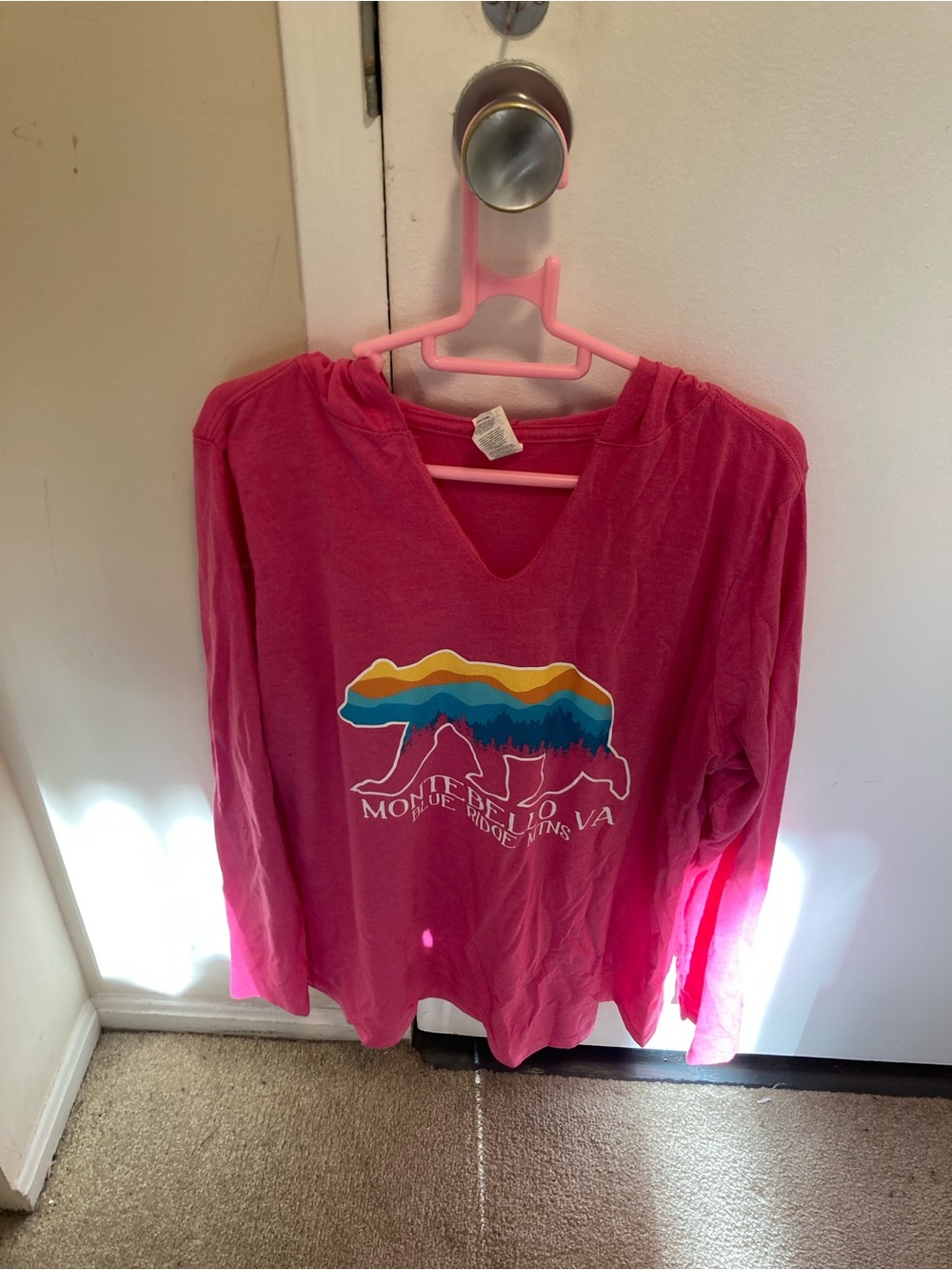 District Bright Pink Long-Sleeve V-Neck Tee with Mountain Bear Graphic